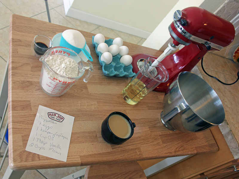 Pizzelle ingredients, plus a cup of coffee. The coffee may be important for cooking like Rocky, it's not a pizzelle ingredient.